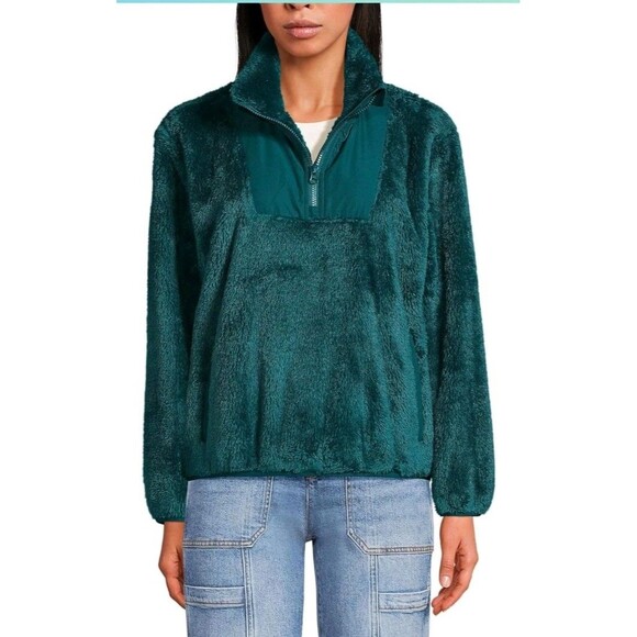 Lands End High Pile Fleece Half Zip Cozy Collar Pullover Sweatshirt Teal Medium - Picture 1 of 8